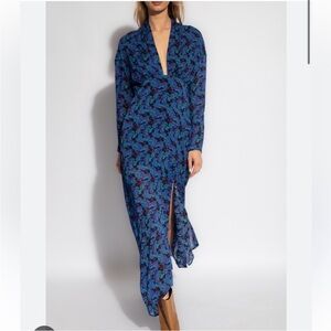 NWT IRO Nollie shirred maxi dress plunge neck long sleeve blue size 36 or US 4